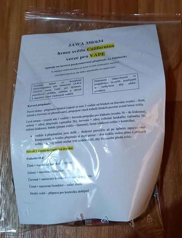 kabeláž JAWA 350/634-4 pro VAPE a hrnec světla California