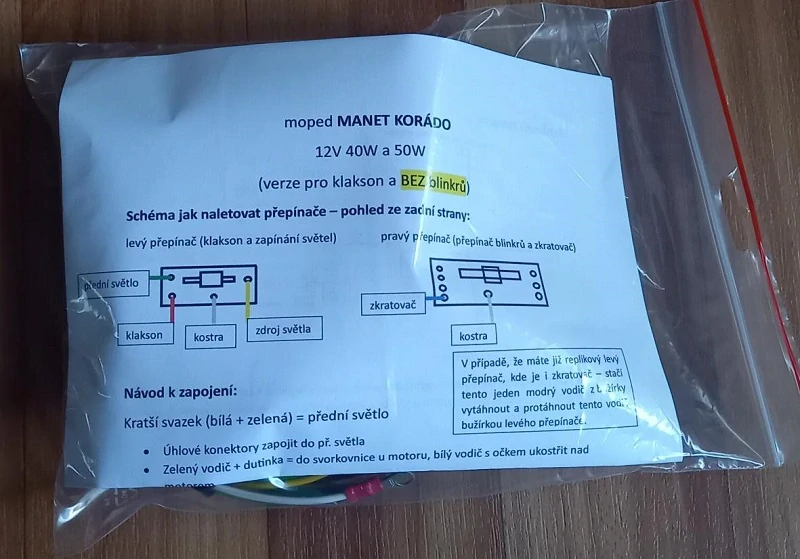 kabeláž MANET KORÁDO 12V 40W a 50W (verze pro klakson a BEZ blinkrů)