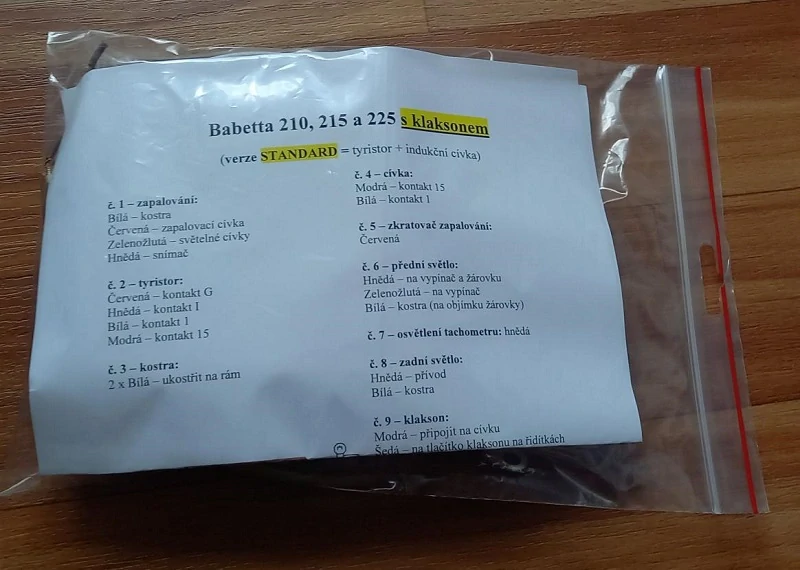 kabeláž Babetta 210, 215 a 225 Standard s KLAKSONEM