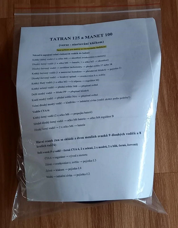 kabeláž skútr TATRAN 125 a MANET 100 (startování klíčkem)