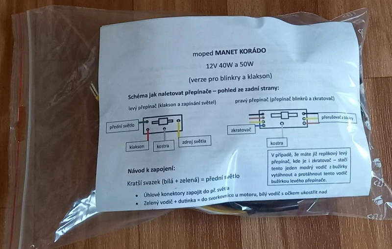 kabeláž MANET KORÁDO 12V40W a 50W (VERZE S BLINKRY A KLAKSONEM)