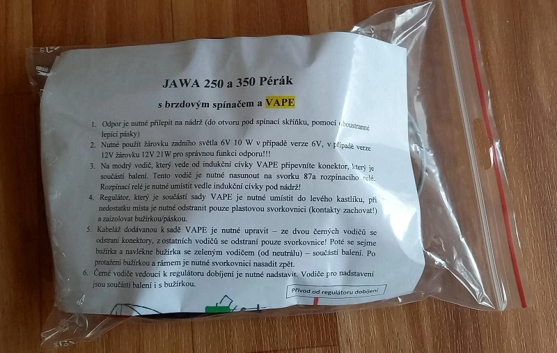 kabeláž JAWA Pérák - verze pro VAPE a brzdový spínač