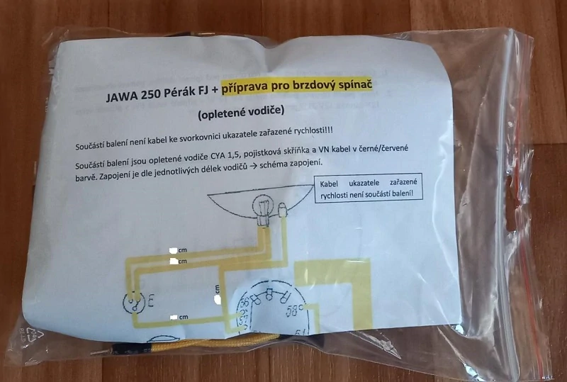 kabeláž JAWA 250 Pérák FJ dynamo + opletený žlutý vodič + příprava pro brz. spínač