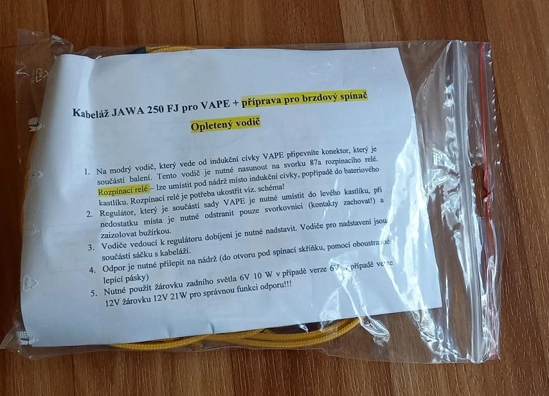 kabeláž JAWA Pérák FJ+OGAR 350/12 VAPE + opletený žlutý vodič + příprava pro brz. spínač
