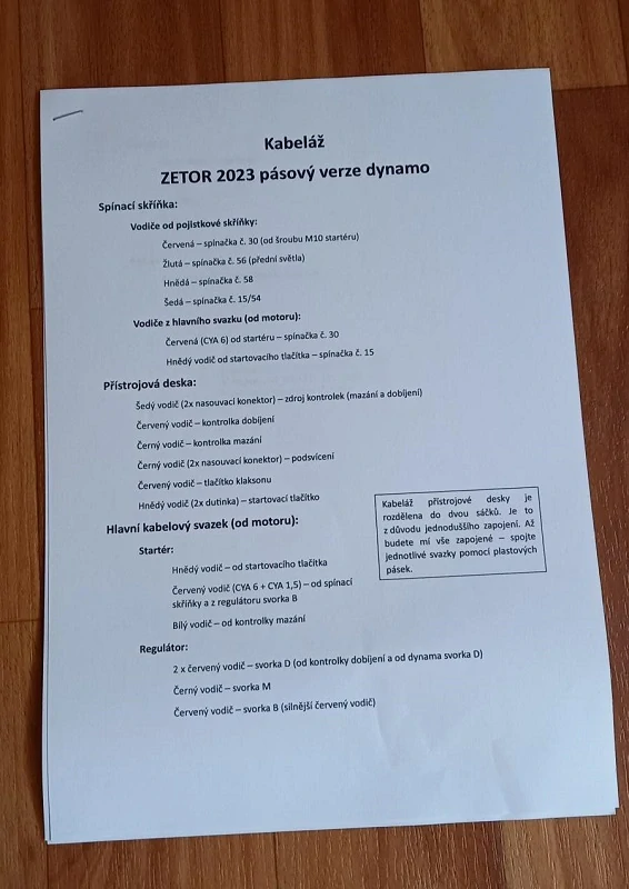 kabeláž Zetor 2023 pásový verze dynamo